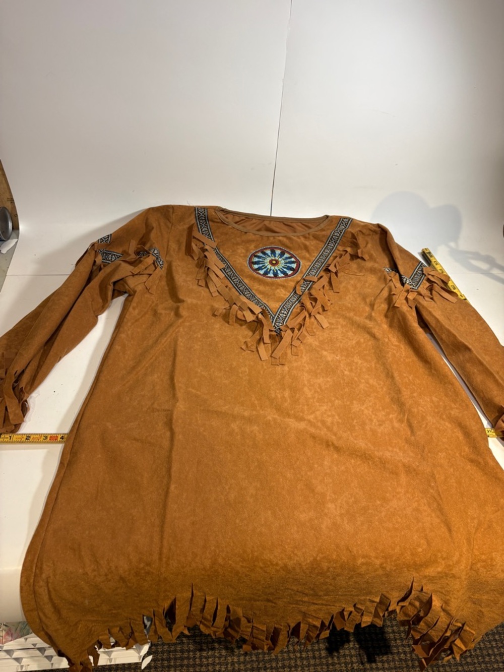 Brown Suede Fringe Tunic with Embroidered Medallion - Size Style Pictured